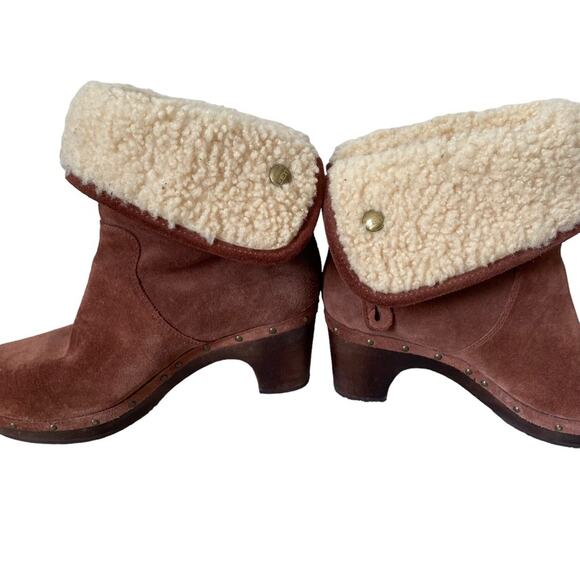 UGG Lynnea Chestnut Brown Suede Leather Shearling Wooden Heel Ankle Boots size 7 - Picture 5 of 11